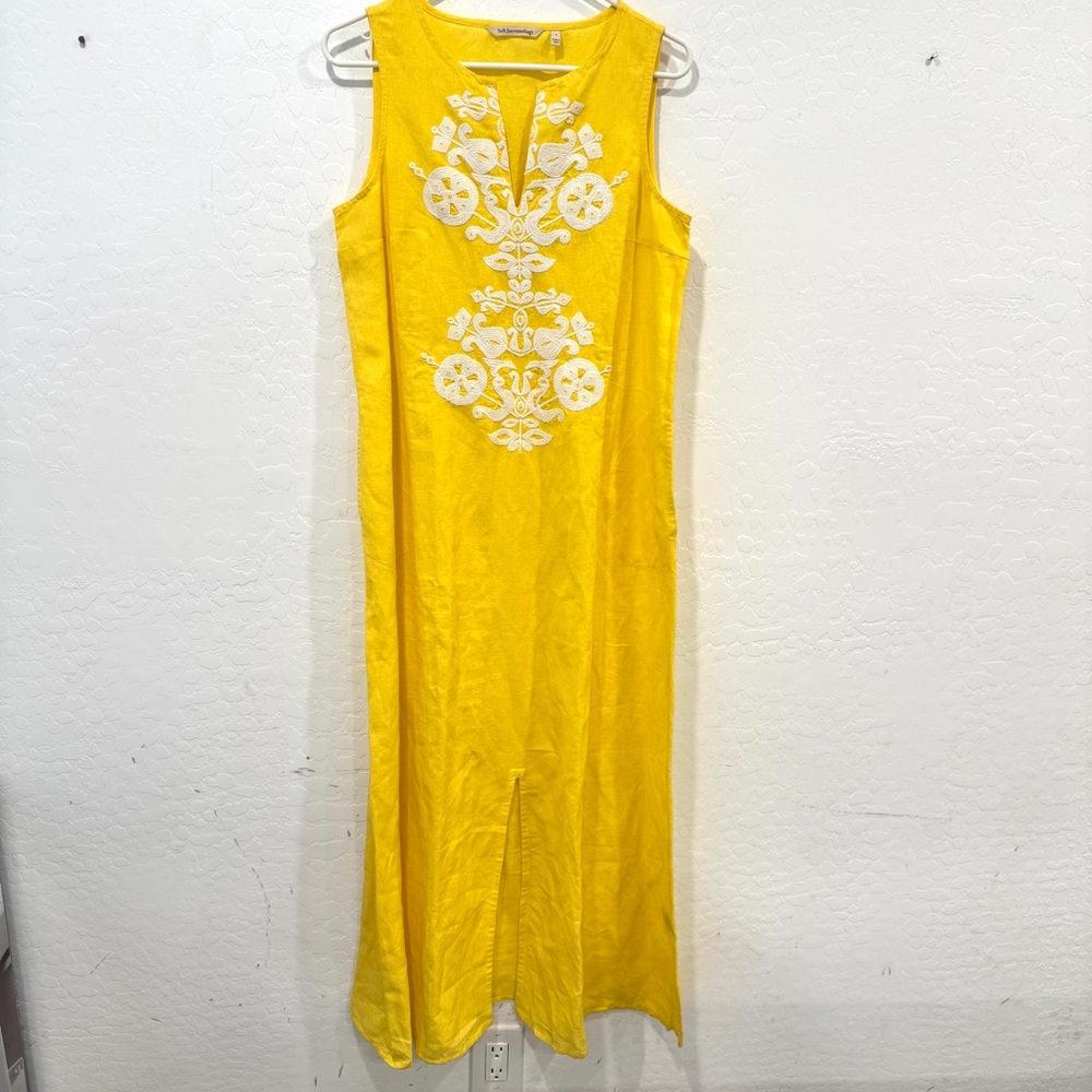 Soft Surroundings Linen Maxi Dress Small Yellow Embroidered Resort Vacation